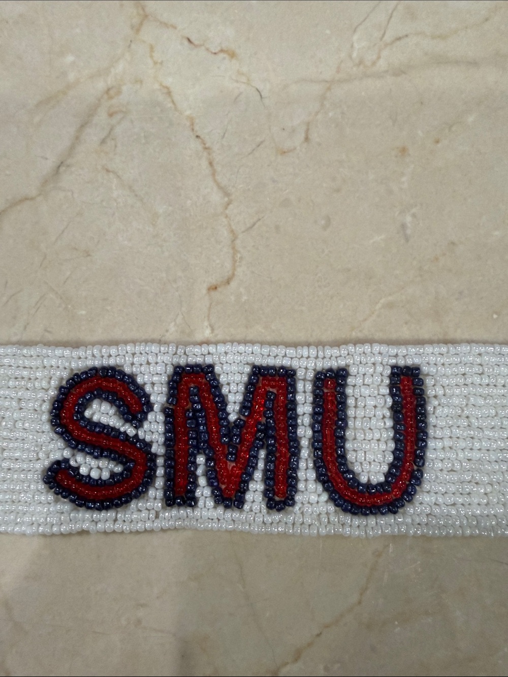 Beaded SMU Key Fob in White with Navy & Red Accents